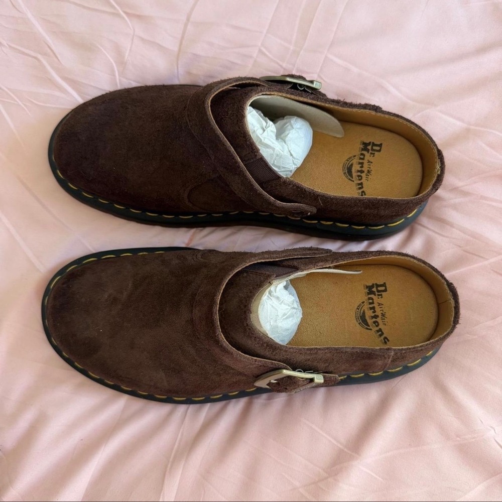 Dr. Martens Isham Dark Brown Suede Mules Clogs Buckle Strap 27959201 Mens 9 L 10 - Picture 2 of 8